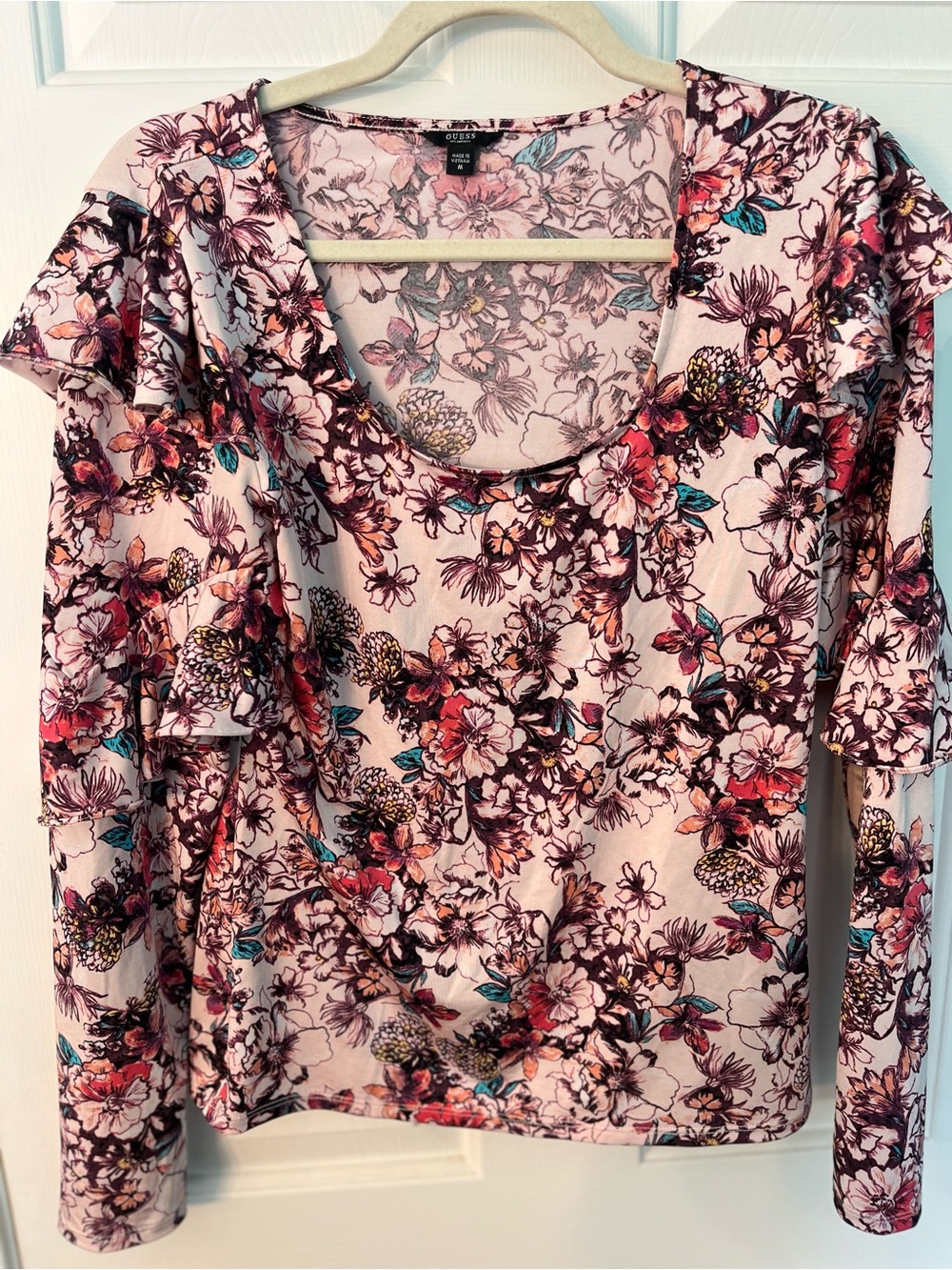 Guess Floral Ruffle Long-Sleeve Top - Pink with Teal & Burgundy Accents M